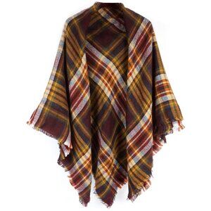 Women's Plaid Scarf Blanket Wrap Dark Brown